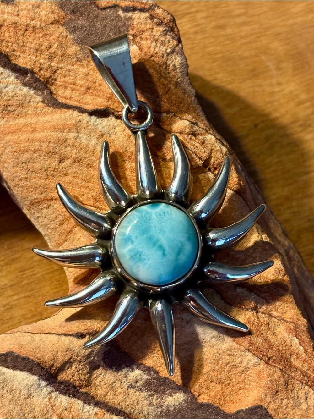 Large Sterling Sunburst Pendant with Rich Blue Larimar Cabachon Center Stone